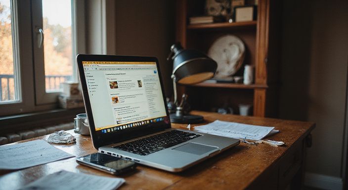 Een versleten laptop met een smartphone op een rommelige bureau. Een versleten laptop met een smartphone op een rommelige bureau.