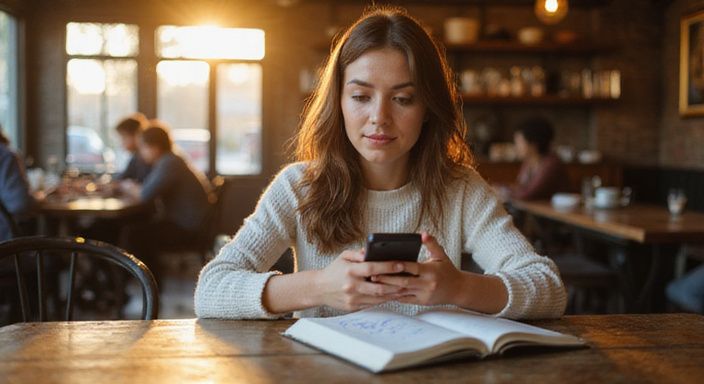 Een vrouw verdiept in haar smartphone aan een houten café tafel. Een vrouw zoekt naar een sexcontact in Luik.