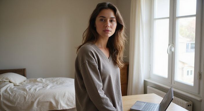 Een ontspannen vrouw in casual kleding staat in een moderne slaapkamer. Een ontspannen vrouw in casual kleding staat in een moderne slaapkamer.