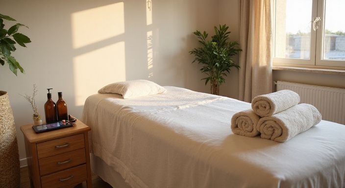 Een rustgevende massagekamer met natuurlijke elementen en warme texturen. Een rustgevende massagekamer met natuurlijke elementen en warme texturen.