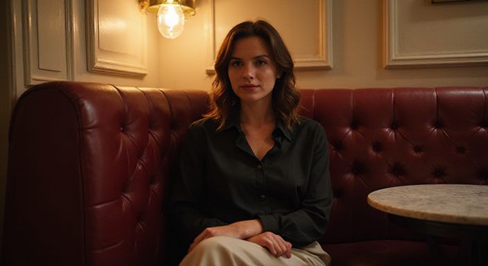 Een vrouw in een stijlvolle lounge, verdiept in contemplatie. Een vrouw in een stijlvolle lounge, verdiept in contemplatie.