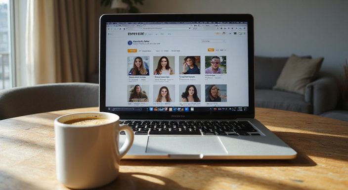 Een foto van een MacBook Pro met een datingapp en een espresso. Een foto van een MacBook Pro met een datingapp voor een sexcontact in Luik.