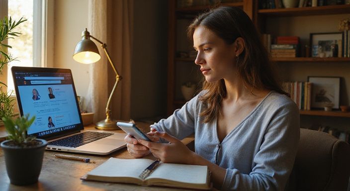 Een vrouw zoekt geconcentreerd informatie op haar smartphone. Een vrouw zoekt geconcentreerd informatie op haar smartphone.