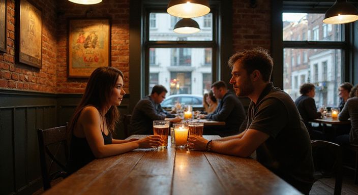Een stel op een eerste date in een traditioneel Belgisch café. Een stel op een eerste date in een traditioneel Belgisch café.