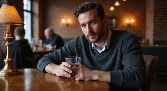 Een man in gedachten, genietend van een glas amberdrank. Een man in gedachten, genietend van een glas amberdrank.
