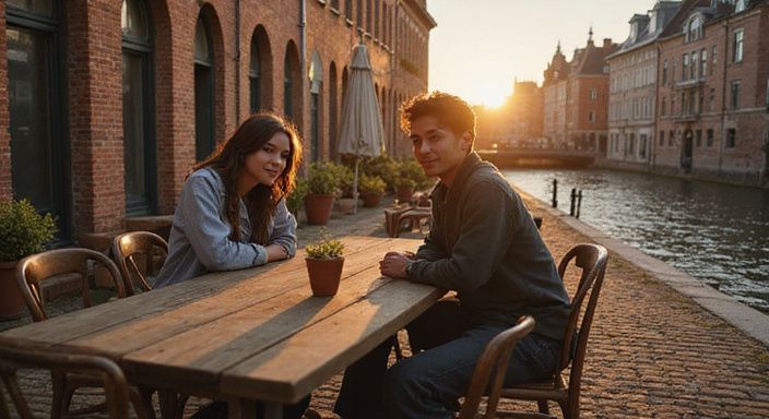 Twee jongvolwassenen genieten van een gesprek op een terras in Gent. Twee jongvolwassenen genieten van een gesprek over een sexcontact of een sexdate in Gent.