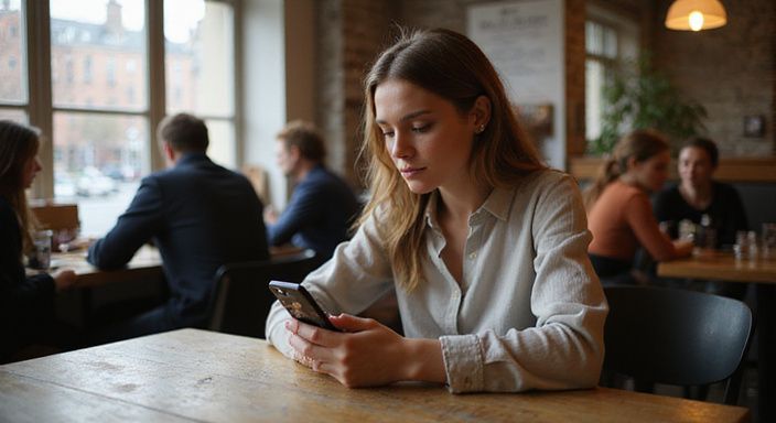 Een vrouw kijkt contemplatief naar een datingapp op haar telefoon. Een vrouw kijkt contemplatief naar een datingapp voor sexcontact of een sexdate in Gent op haar telefoon.