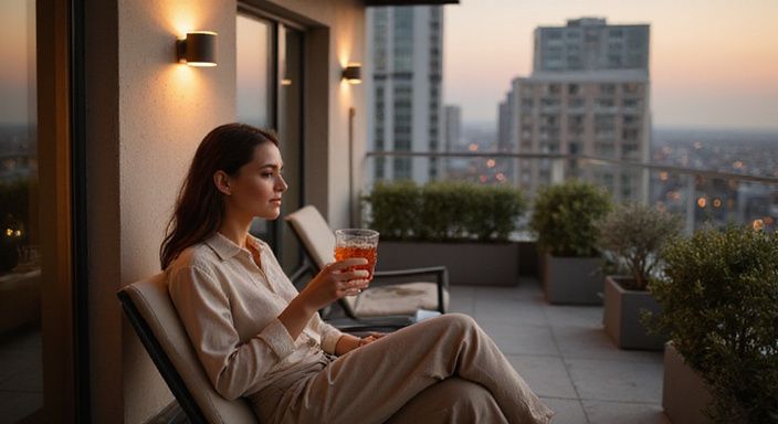 Een vrouw ontspant met een cocktail op een terras in de stad. Een vrouw ontspant met een cocktail op een terras in de stad.