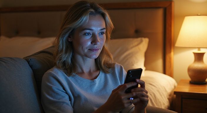 Een vrouw in een slaapkamer, verdiept in haar smartphone. Een vrouw in een slaapkamer zoekt sexcontact of een sexdate in Gent.