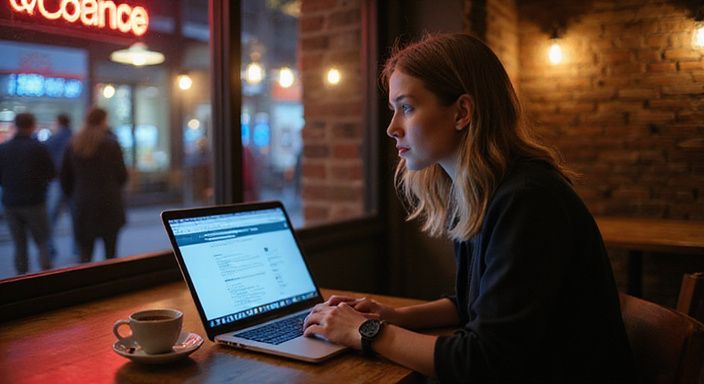 Een vrouw werkt gefocust aan haar laptop in een café. Een vrouw werkt gefocust aan haar laptop in een café.