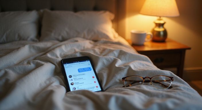 Een smartphone ligt op beddengoed met een koffiemok en leesbril. Een smartphone ligt op beddengoed met een koffiemok en leesbril.