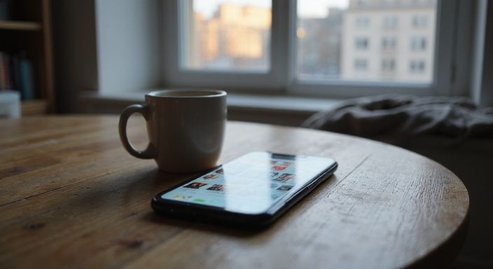 Een smartphone met een datingapp op een verweerd houten tafel. Een smartphone met een datingapp op een verweerd houten tafel.