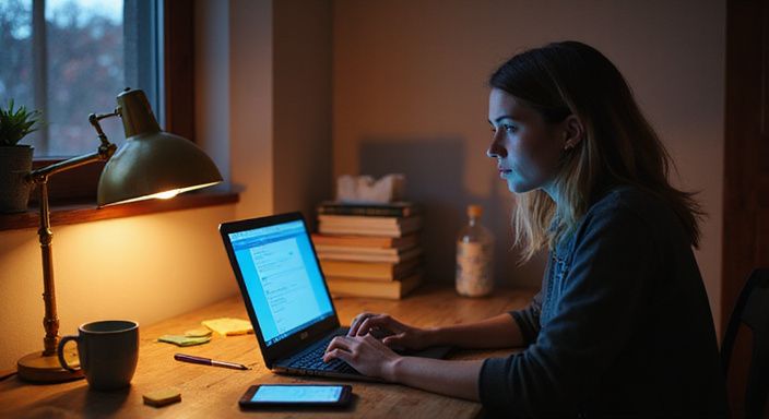 Een jonge vrouw scrollt door datingprofielen op haar laptop. Een jonge vrouw scrollt door datingprofielen voor Sexcontact in West-Vlaanderen op haar laptop.