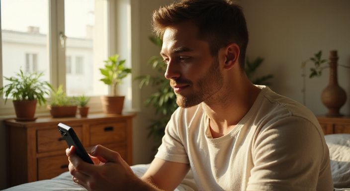 Een jonge persoon zit op bed en kijkt geconcentreerd naar hun smartphone. Een jonge persoon zoekt naar sexcontact in West-Vlaanderen