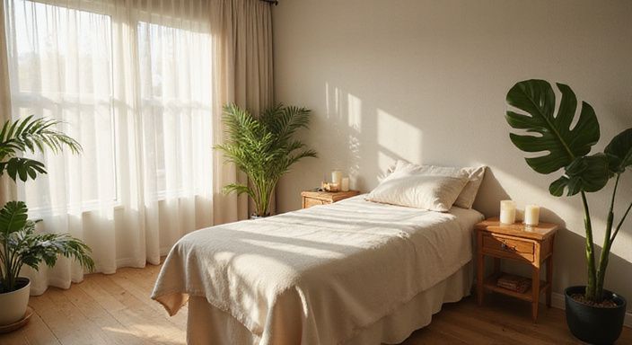 Rustige massagesalon met natuurlijke materialen en serene inrichting. Rustige massagesalon met natuurlijke materialen en serene inrichting.