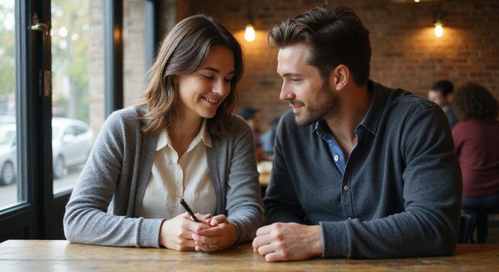 Twee volwassenen genieten van een gesprek in een brasserie. Twee volwassenen genieten van een gesprek over een sexcontact in West-Vlaanderen in een brasserie.