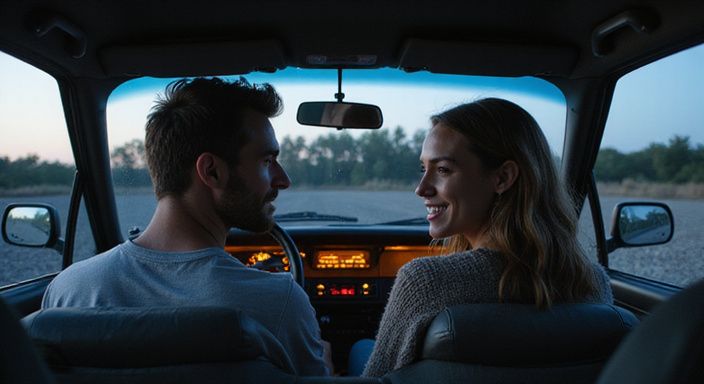 Twee volwassenen zitten samen ontspannen in een geparkeerde auto. Twee volwassenen zitten samen ontspannen in een geparkeerde auto.